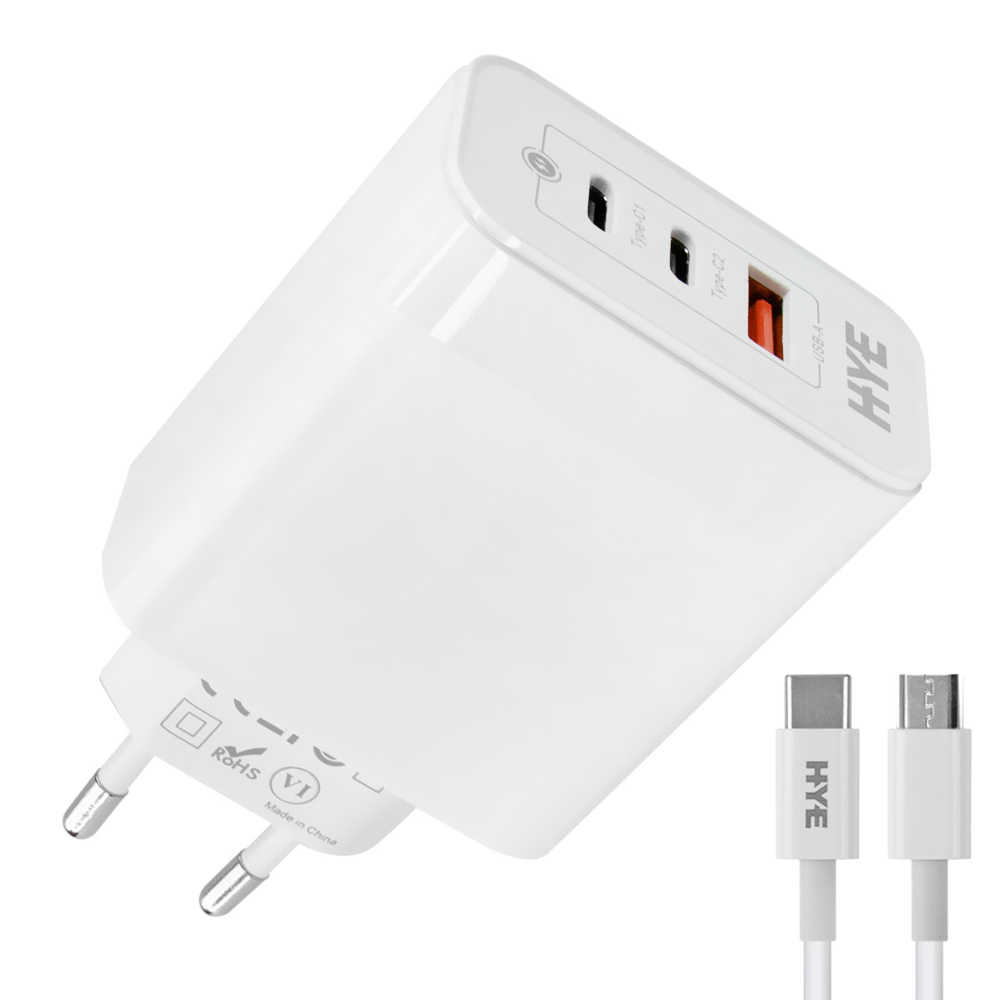 Carregador Tomada HYE HYEC79C USB 3.0 / 2 USB-C / 65W - Branco + Cabo USB-C / USB-C