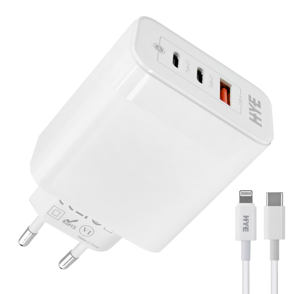 Carregador Tomada HYE HYEC79L USB 3.0 / 2 USB-C / 65W - Branco + Cabo USB-C / Lightning