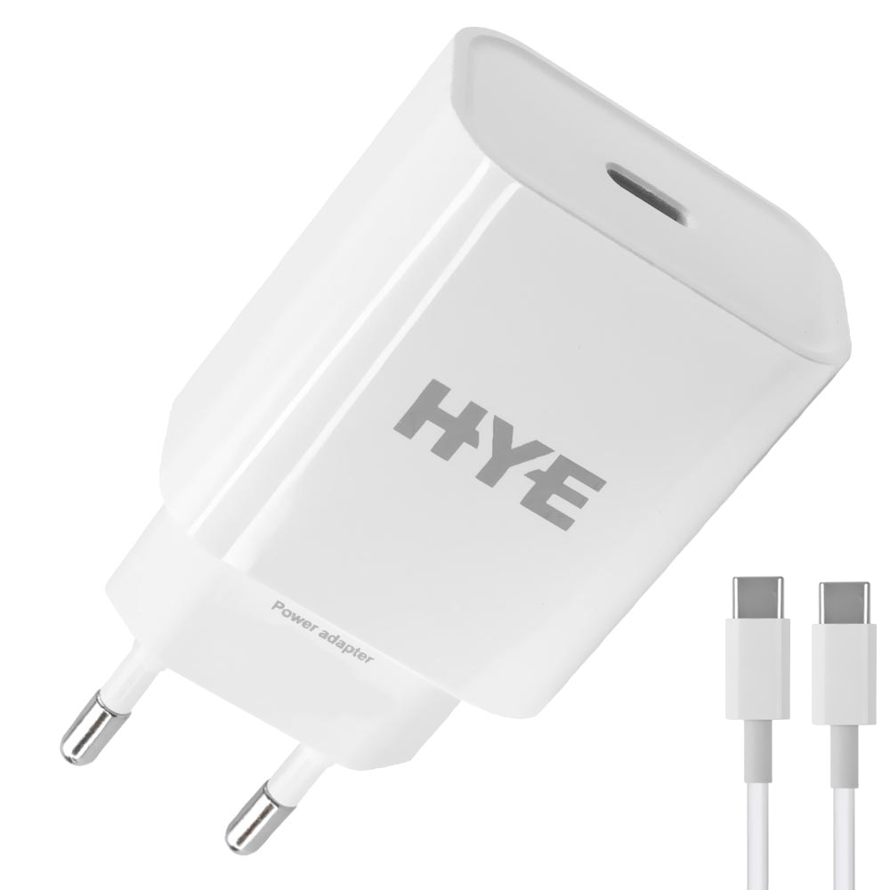 Carregador Tomada HYE HYEC8C USB-C / 20W - Branco + Cabo USB-C / USB-C