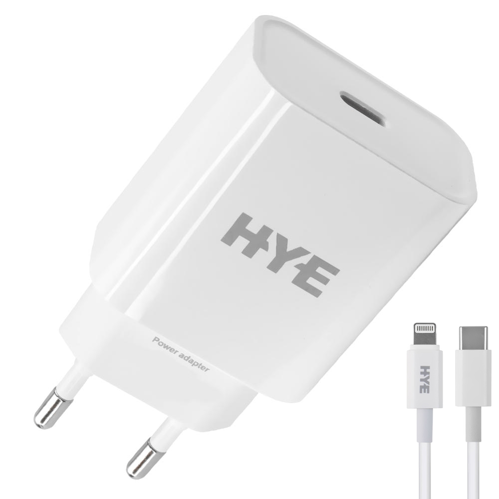 Carregador Tomada HYE HYEC8L USB-C / 20W - Branco + Cabo USB-C / Lightning