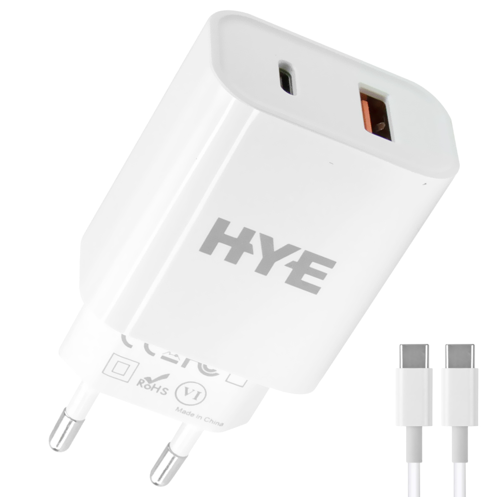 Carregador Tomada HYE HYEC9C+ USB 3.0 / 20W - Branco + Cabo USB-C / USB-C