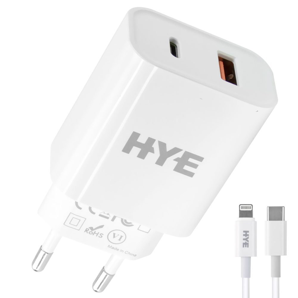 Carregador Tomada HYE HYEC9L+ USB 3.0 / USB-C / 20W - Branco + Cabo USB-C / Lighning