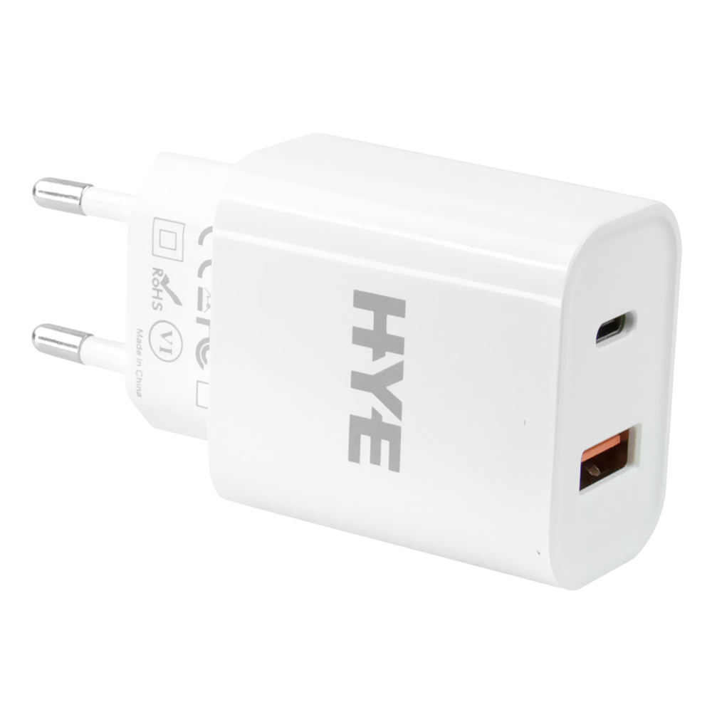 Carregador Tomada HYE HYEC9L+ USB 3.0 / USB-C / 20W - Branco + Cabo USB-C / Lighning