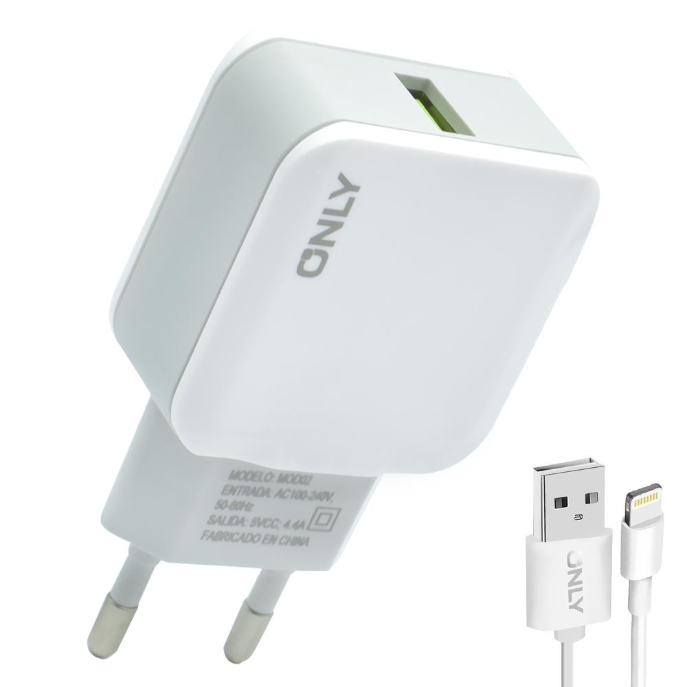 Carregador Tomada Only MOD02 USB 2.0 / 4.4A - Branco + Cabo Lightning A USB 1M