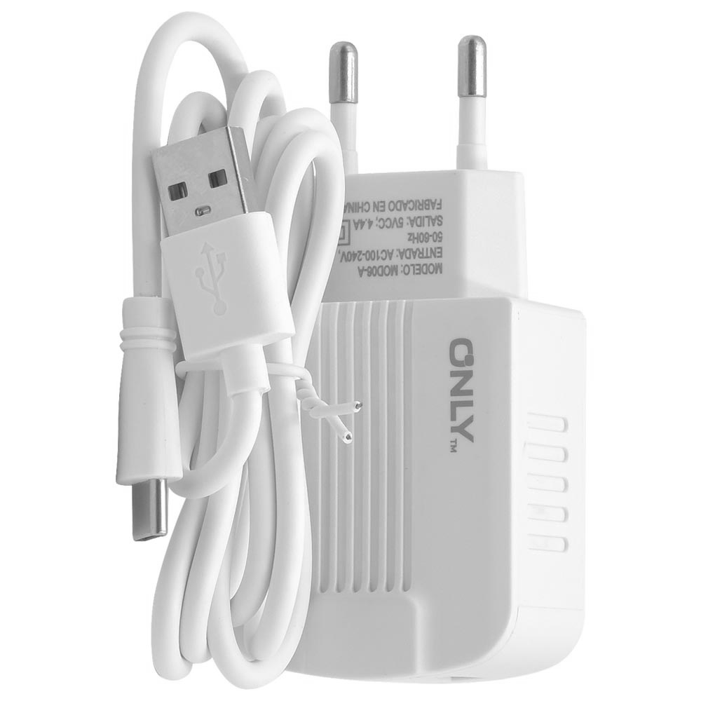 Carregador Tomada Only MOD06-A 2 USB 2.0 / 4.4A - Branco + Cabo Type-C Macho A USB 1M