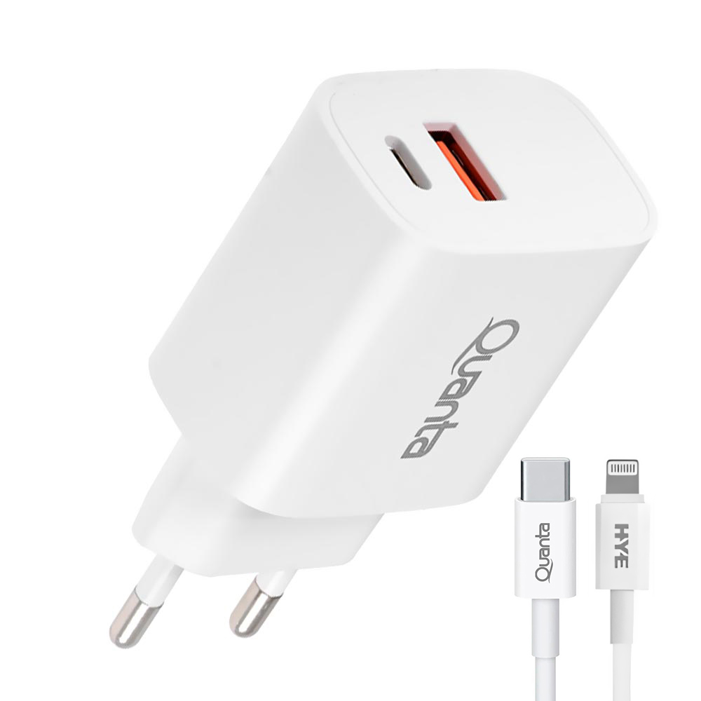 Carregador Tomada Quanta QTCACR2 USB 3.0 / USB-C - Branco + Cabo USB-C / Lightning