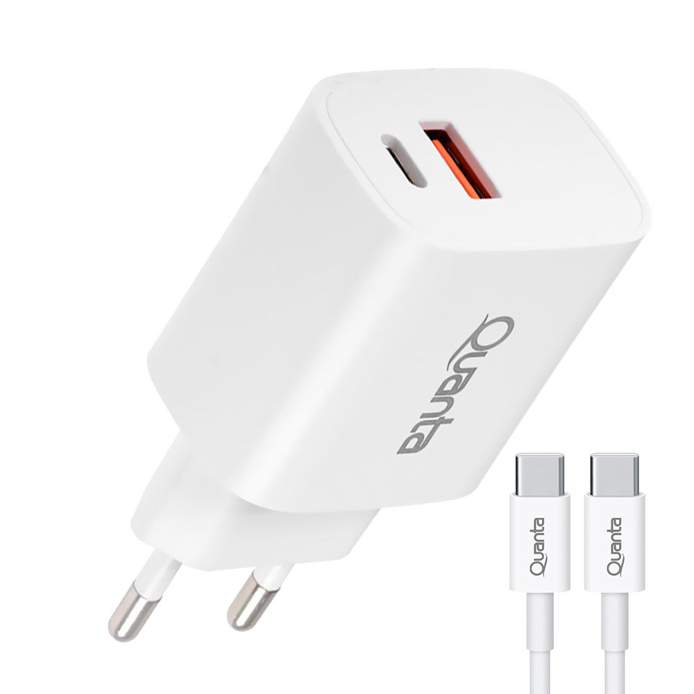 Carregador Tomada Quanta QTCACR2 USB 3.0 / USB-C - Branco + Cabo USB-C / USB-C