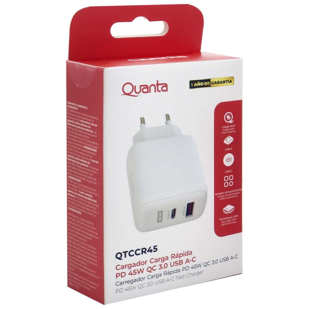 Carregador Tomada Quanta QTCCR45 USB / USB-C / 45W - Branco
