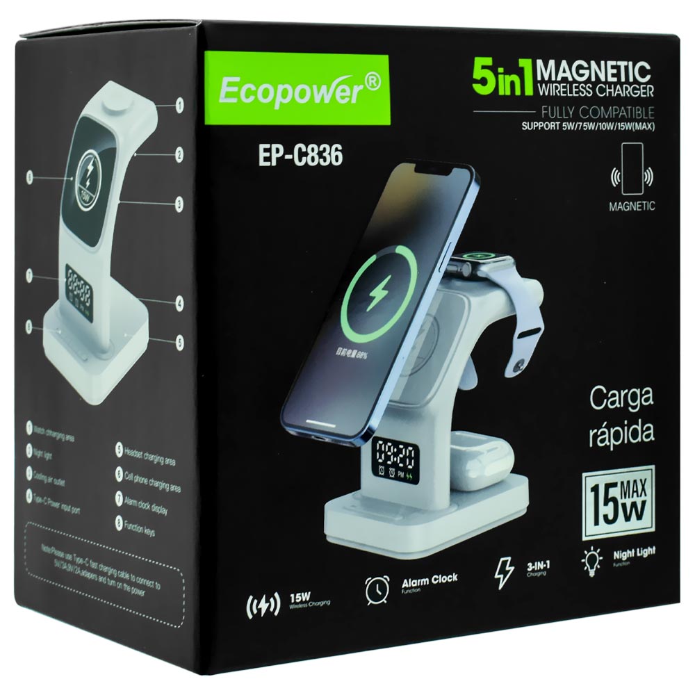 Estação de Carregamento Ecopower EP-C836 Magnético Wireless / 15W - Branco (5 em 1)