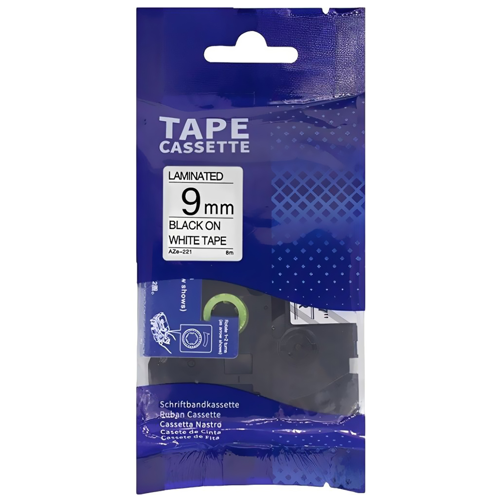 Fita Adhesiva para Rotuladora Laminated AZE-221 - Preto (White Tape)
