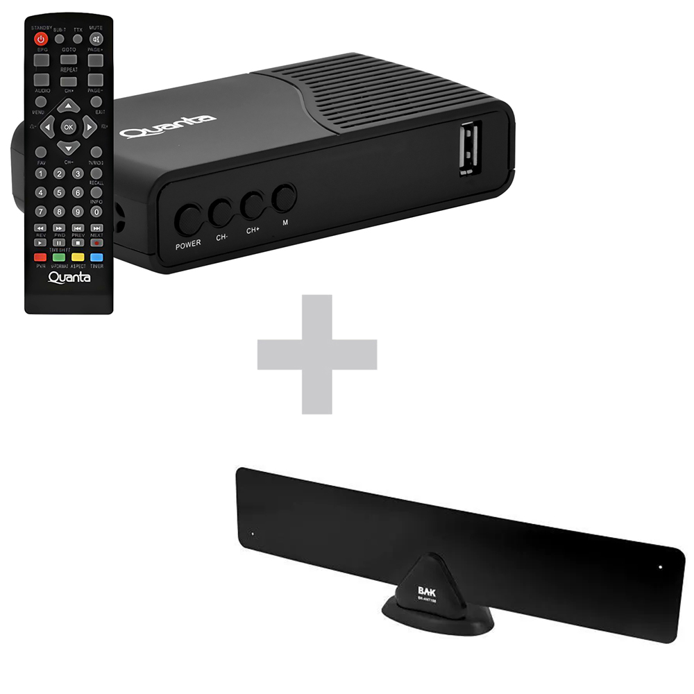 CONVERSOR P/ TV DIGITAL QUANTA QTCTV1130 PRETO + ANTENA BAK BK-ANT188