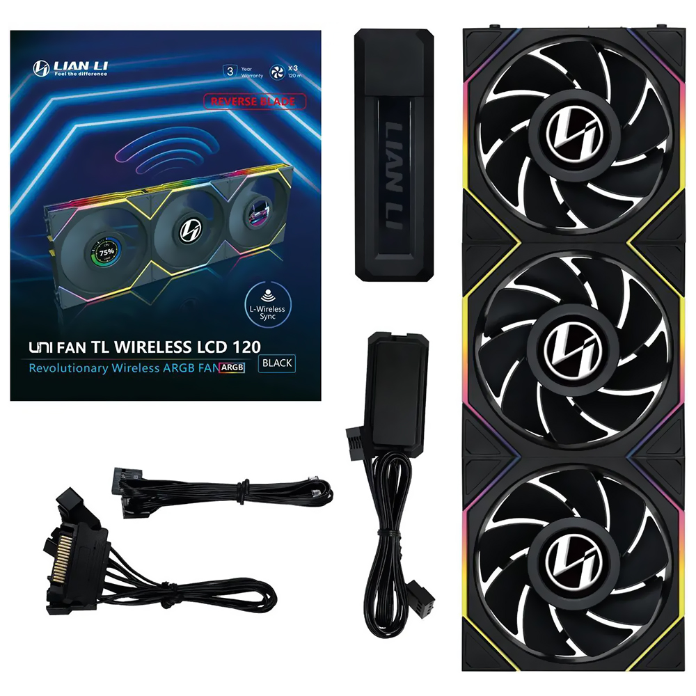 Cooler para Gabinete Lian Li Uni Fan TL Wireless 120 LCD Reverse Blade 12X12 ARGB Preto - Kit com 3 (12RTLLCD1W3B)