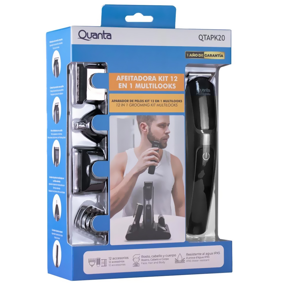 Barbeador Quanta QTAPK20 Recarregavel - Cinza + Estojo (Kit 12 em 1)