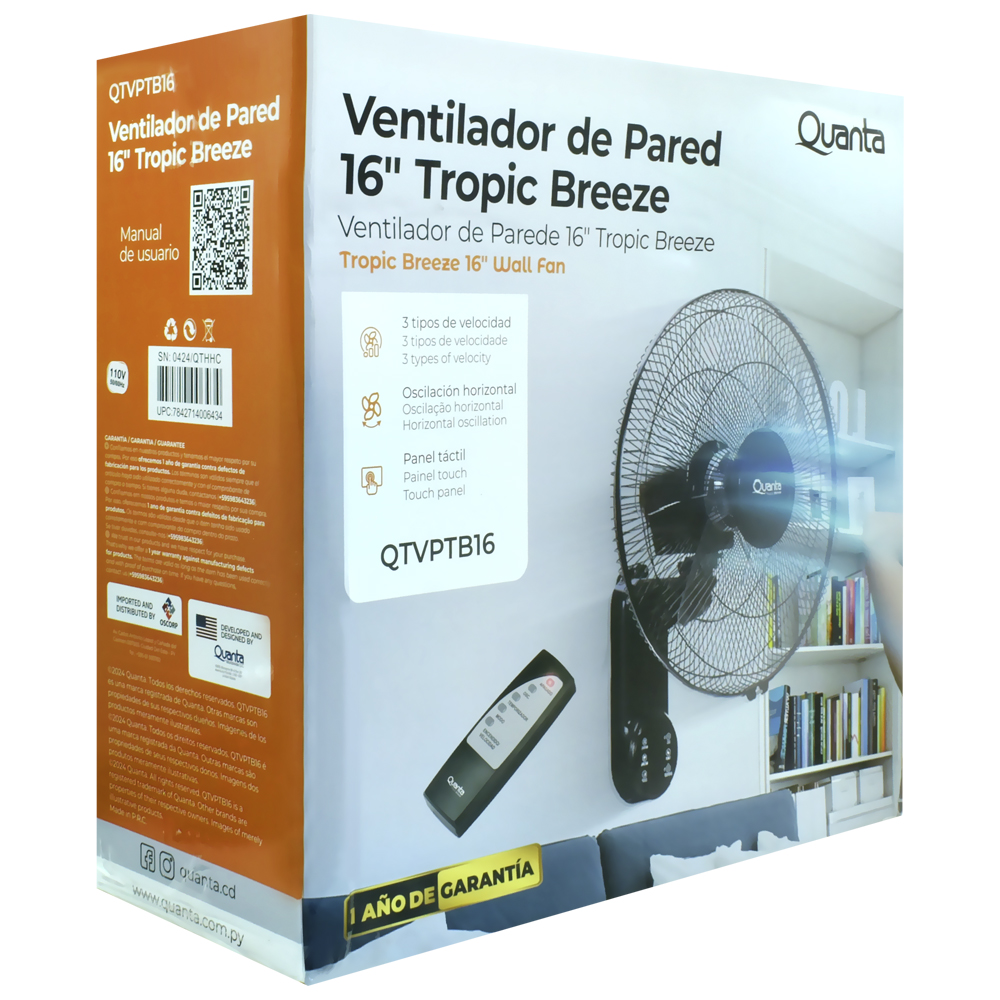 Ventilador de Parede Quanta QTVPTB16 16" / 110V - Preto