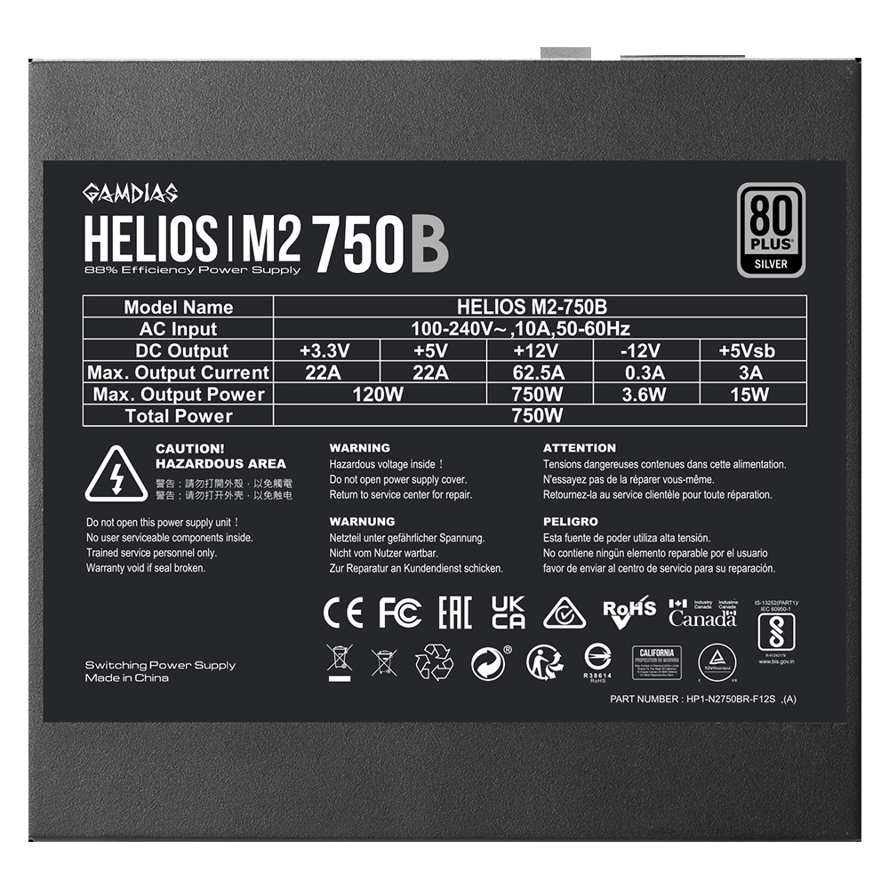 Fonte de Alimentação Gamdias Helios M2-750 ATX / Não Modular / 80 Plus Silver