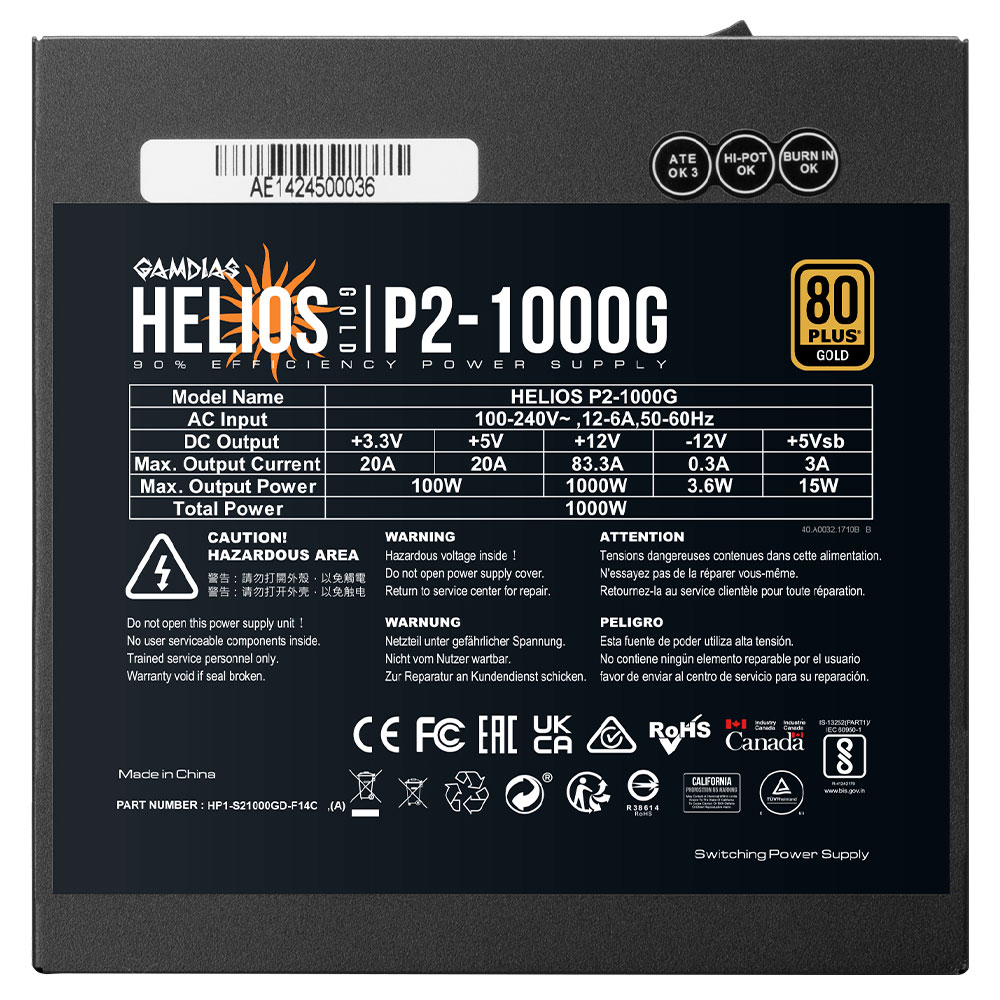 Fonte de Alimentação Gamdias Helios P2-1000G 1000W ATX / Não Modular / 80 Plus Gold