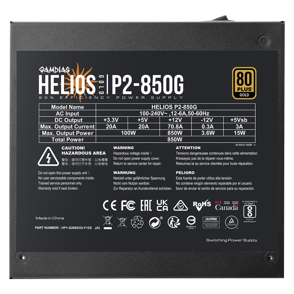 Fonte de Alimentação Gamdias Helios P2-850G ATX / Não Modular / 80 Plus Gold