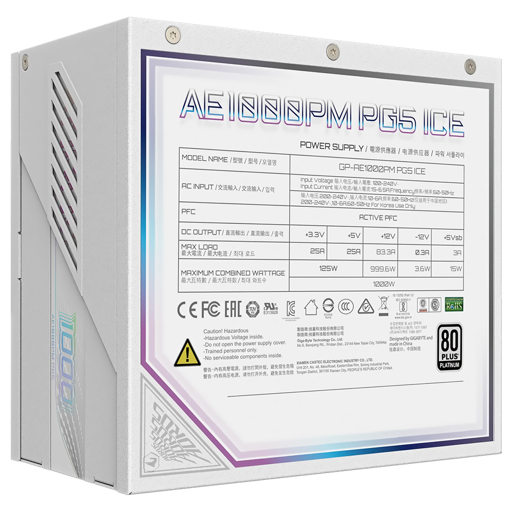 Fonte de Alimentação Gigabyte AORUS Elite GP-AE1000PM PG5 Ice 1000W ATX 3.1 / Modular / 80 Plus Platinum / Bivolt