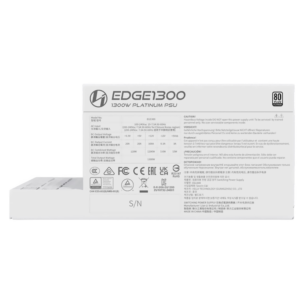 Fonte de Alimentação Lian Li EDGE1300 1300W ATX / Modular / 80 Plus Platinum - Branco