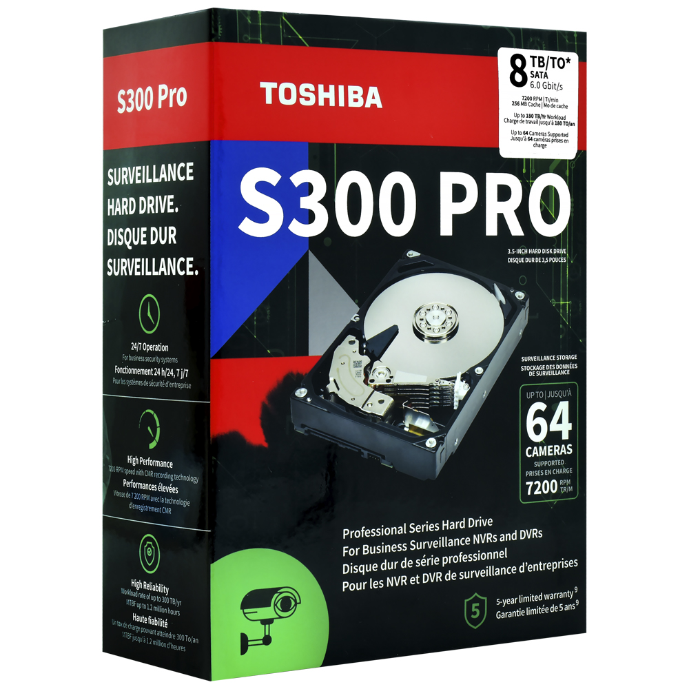 HD Toshiba 8TB S300 Pro Surveillance 3.5" SATA 3 7200RPM - HDWTA80UZSVAR