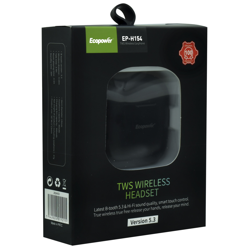 Fone de Ouvido Ecopower EP-H154 TWS / Bluetooth - Preto