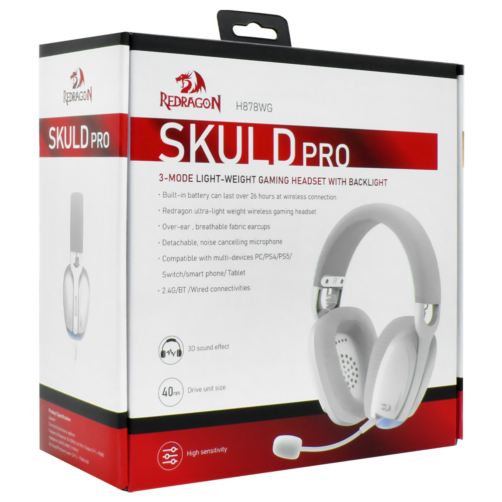 Fone Gamer Redragon H878WG Skuld Pro / Wireless - Branco / Cinza