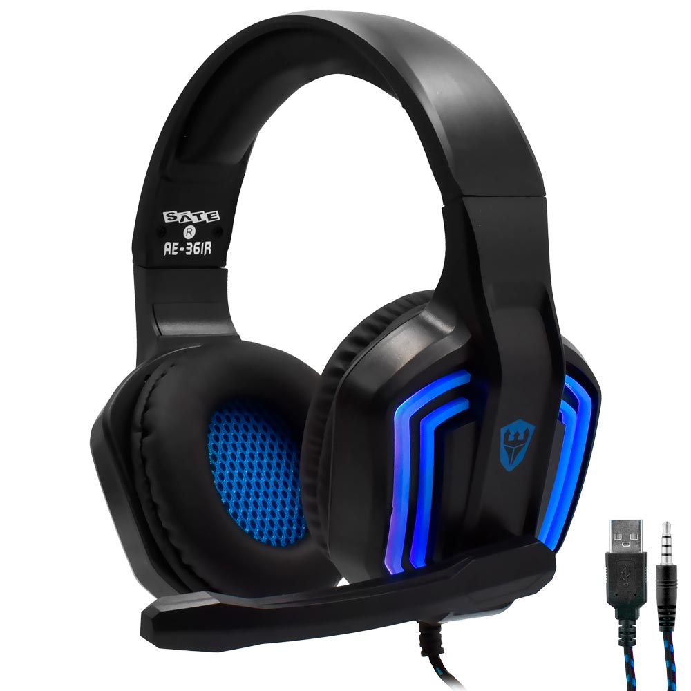 Fone Gamer Satellite AE-361B LED / Com Fio - Preto / Azul