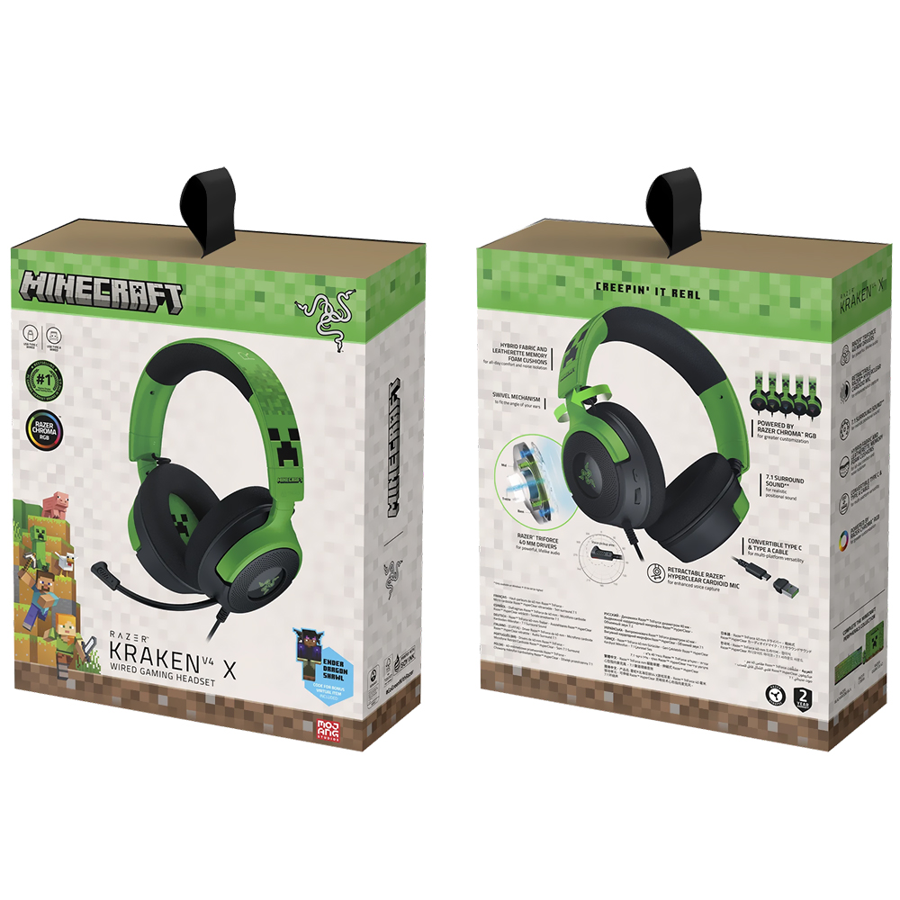 Headset Gamer Razer Kraken V4 X Minecraft Edition RGB / Com fio - Verde (RZ04-05180200-R3M1)