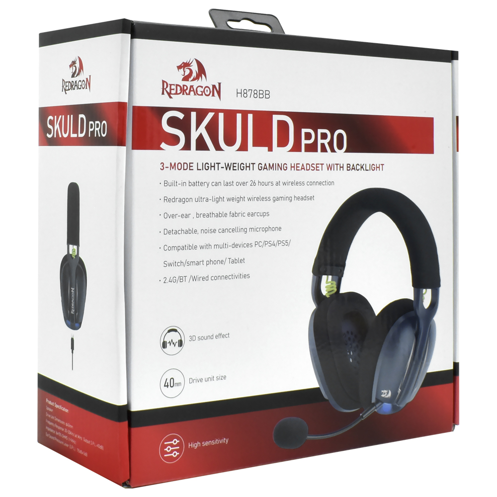 Headset Gamer Redragon H878BB Skuld Pro / Wireless - Preto / Azul