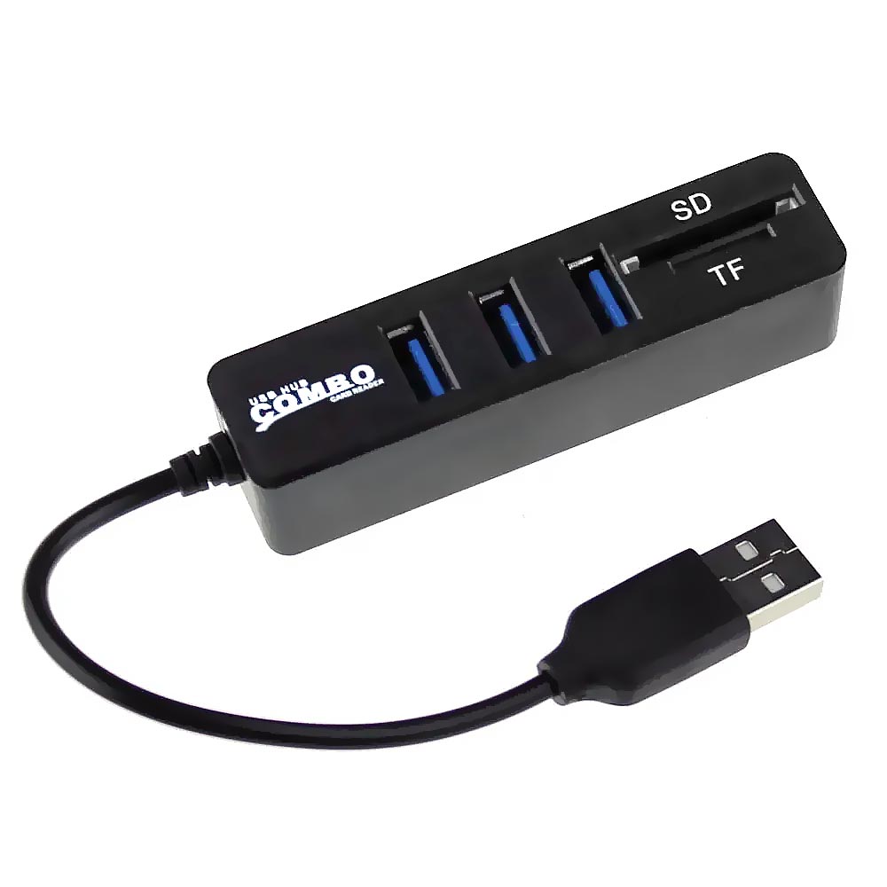 Hub USB 2.0 Combo 3 USB 3.0 + Leitor de Cartão 3 Portas / SD / TF - Preto