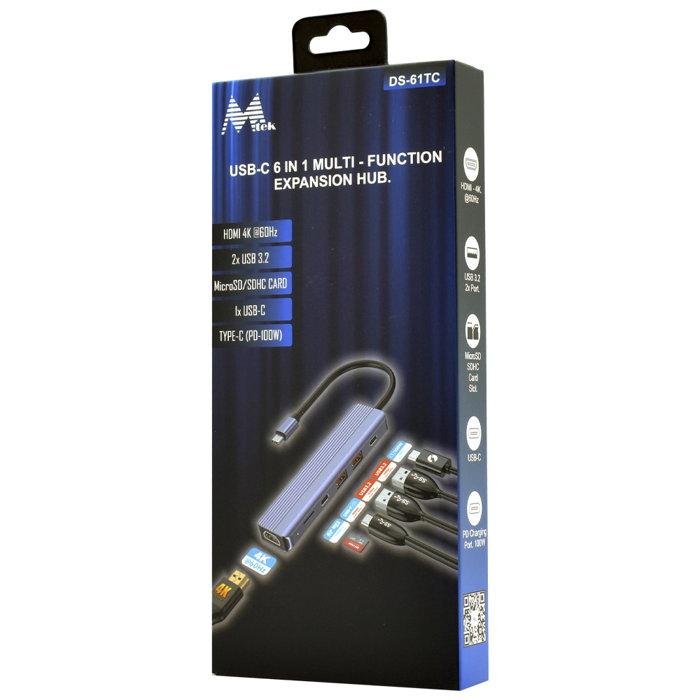 Hub USB-C 3.0 Mtek DS-61TC 6 Portas / HDMI / 2 USB / MSD / 2 USB-C - Cinza