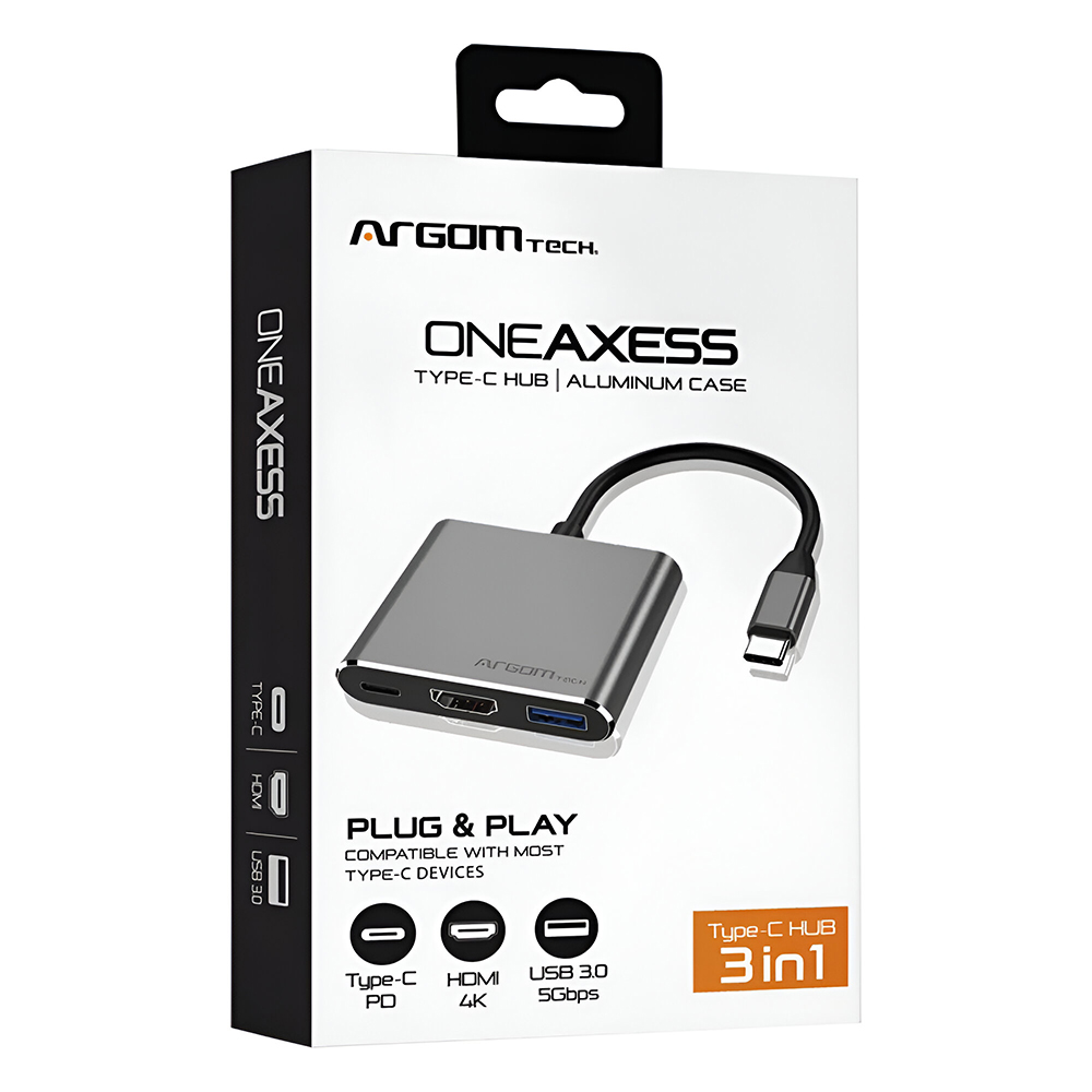 Hub USB-C 3.1 ARGOM ARG-UB-0181 3 Portas / HDMI / USB 3.0 / USB-C Fêmea - Cinza