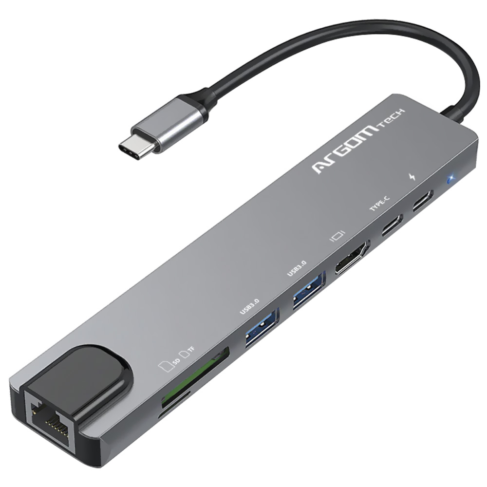 Hub USB-C 3.1 ArgomTech ARG-UB-0093 8 Portas / HDMI 4K / 2 USB 3.0 / RJ-45 / SD / TF / 2 USB-C Fêmea - Cinza