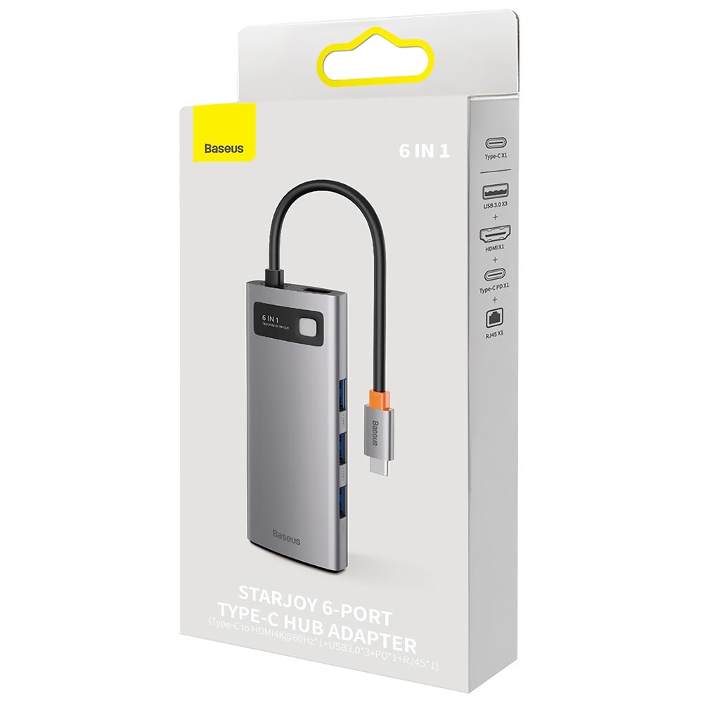Hub USB-C 3.1 Baseus CAHUB-CW0G 6 Portas / HDMI / USB 3.0 / USB-C Fêmea / RJ45 - Cinza