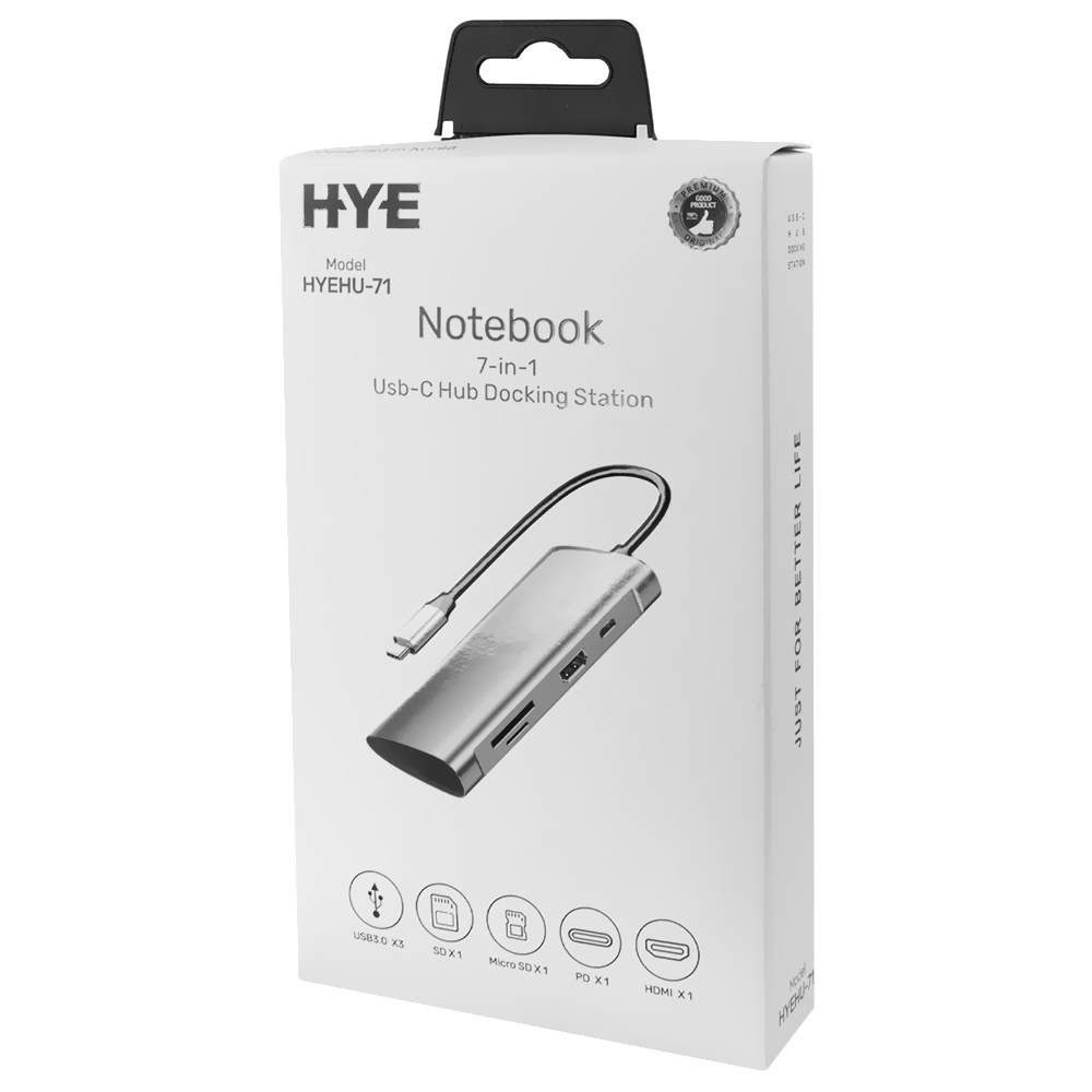 Hub USB-C 3.1 HYE HYEHU-71 7 Portas / HDMI / 3 USB 3.0 / SD / TF / USB-C Fêmea - Cinza