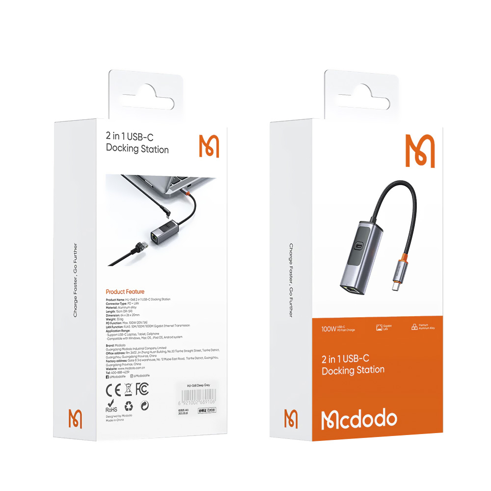 Hub USB-C 3.1 Mcdodo HU-0680 2 Portas / USB-C Fêmea / GLAN - Cinza