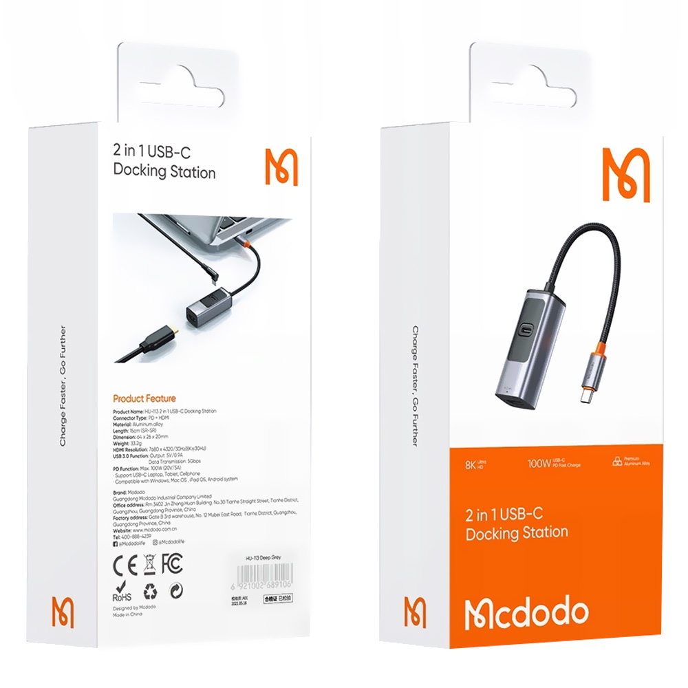 Hub USB-C 3.1 Mcdodo HU-1130 2 Portas / USB-C Fêmea / HDMI - Cinza