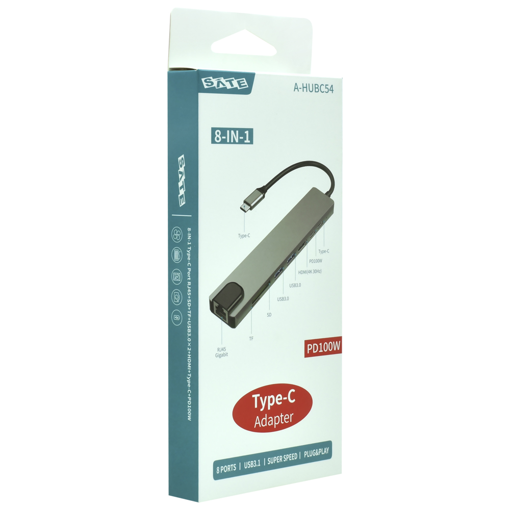 Hub USB-C 3.1 Satellite A-HUBC54 8 Portas / HDMI / 2 USB 3.0 / RJ45 / SD / TF / 2 USB-C Fêmea - Preto