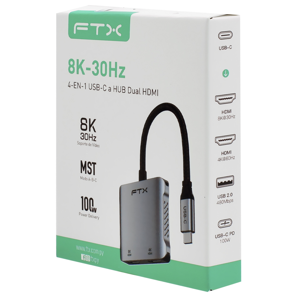 Hub USB-C FTX CT-CM2H8K-AG 115588 4 Portas / 2 HDMI / USB / USB-C Fêmea - Cinza