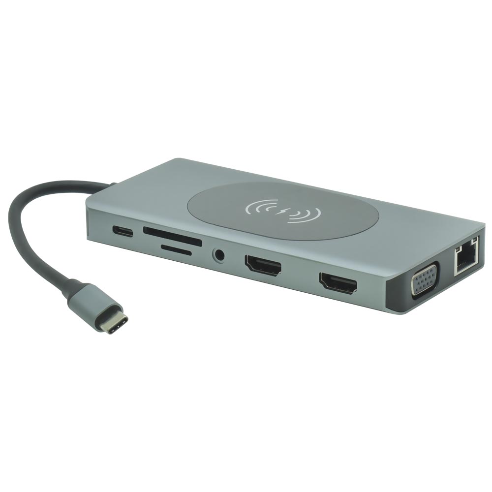 Hub USB Type-C 3.1 14 Portas / 2 HDMI / 5 USB 3.0 / Type-C Fêmea / GLAN / VGA / SD / TF / 3.5MM / Carregador Wireless 15W - Cinza