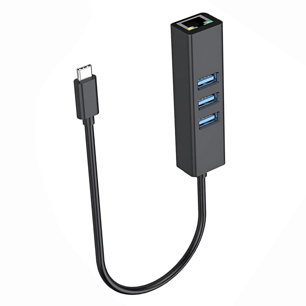 Hub USB Type-C 3 Portas / USB 3.0 / RJ-45 / 1000Mbps Gigabit - Preto / Cinza