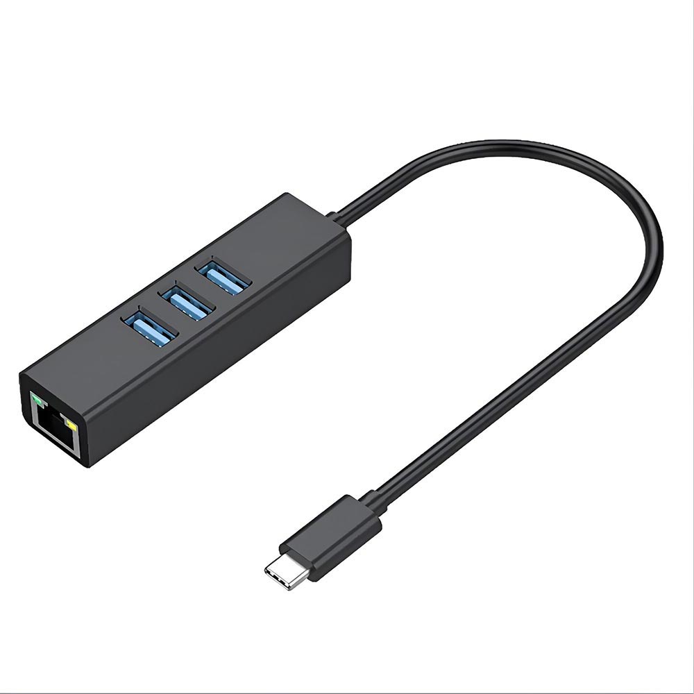Hub USB Type-C 3 Portas / USB 3.0 / RJ-45 / 1000Mbps Gigabit - Preto / Cinza