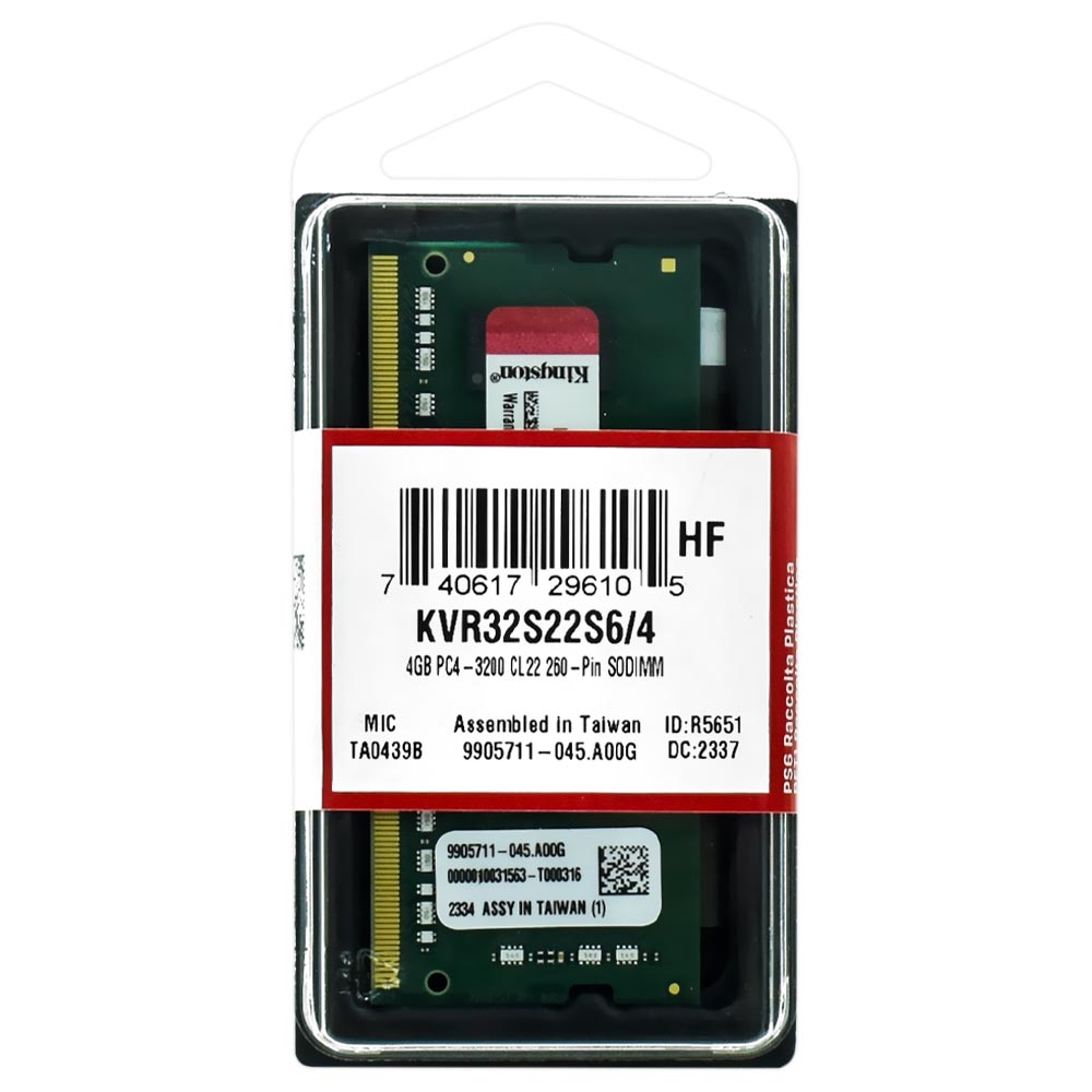 Memória RAM para Notebook Kingston DDR4 4GB 3200MHz - KVR32S22S6/4 