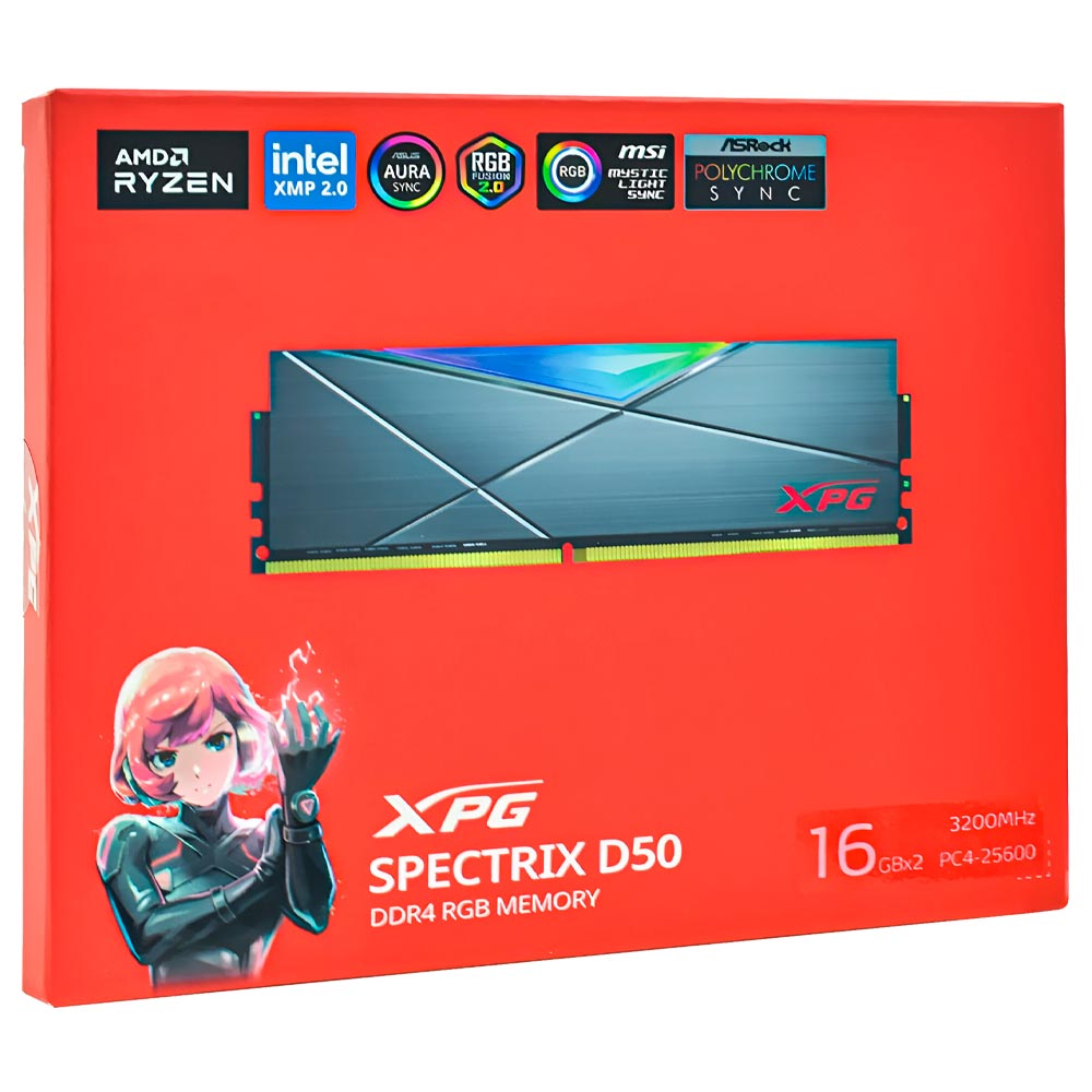 Memória RAM ADATA XPG Spectrix D50 DDR4 32GB (2x16GB) 3200MHz RGB AX4U320016G16A-DT50 - Cinza 