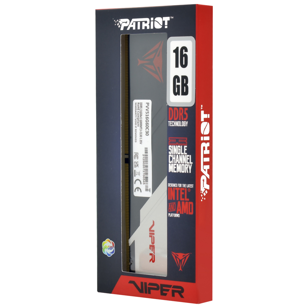 Memória RAM Patriot Viper Venom DDR5 16GB 6000MHz RGB - Preto / Prata (PVVR516G60C30)