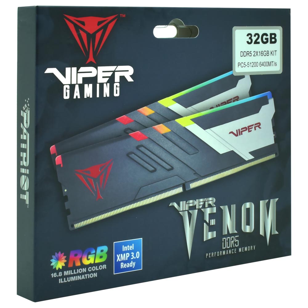 Memória RAM Patriot Viper Venom DDR5 32GB (2x16GB) 6400MHz RGB - Preto / Prata (PVVR532G640C32K)