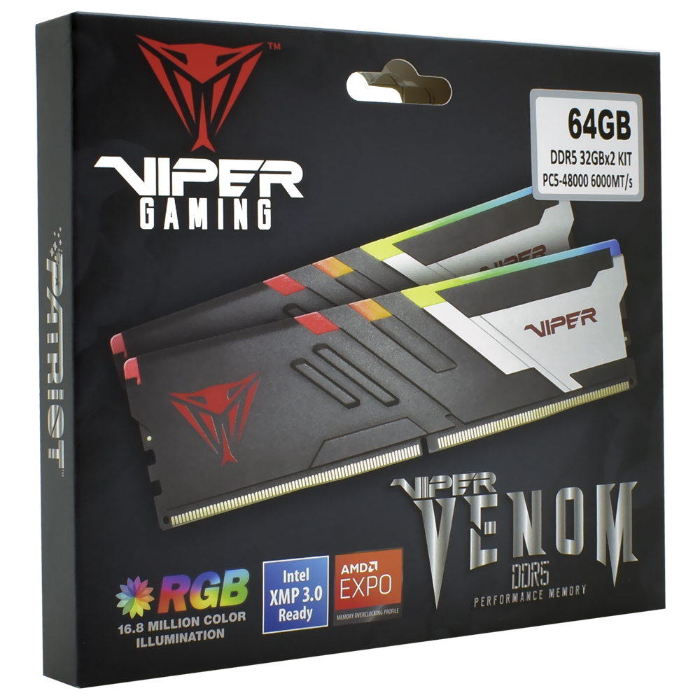 Memória RAM Patriot Viper Venom DDR5 64GB (2x32GB) 6000MHz RGB - Preto / Prata (PVVR564G600C36K)