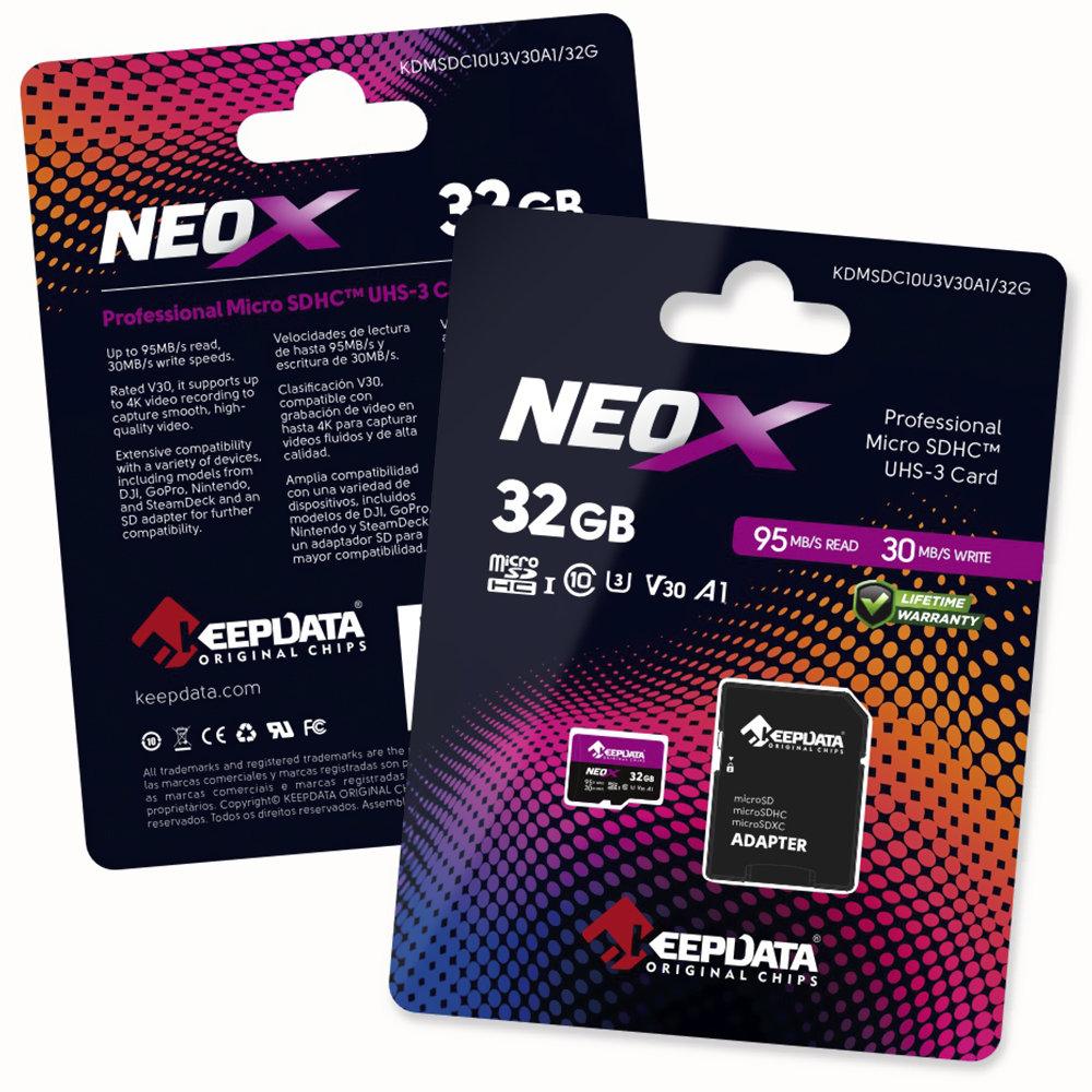 Cartão de Memória Micro SD Keepdata Neox C10 HC I U3 V30 A1 32GB - KDMSDC10U3V30A1/32G