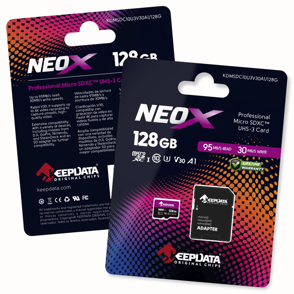 Cartão de Memória Micro SD Keepdata Neox C10 XC I U3 V30 A1 128GB - KDMSDC10U3V30A1/128G