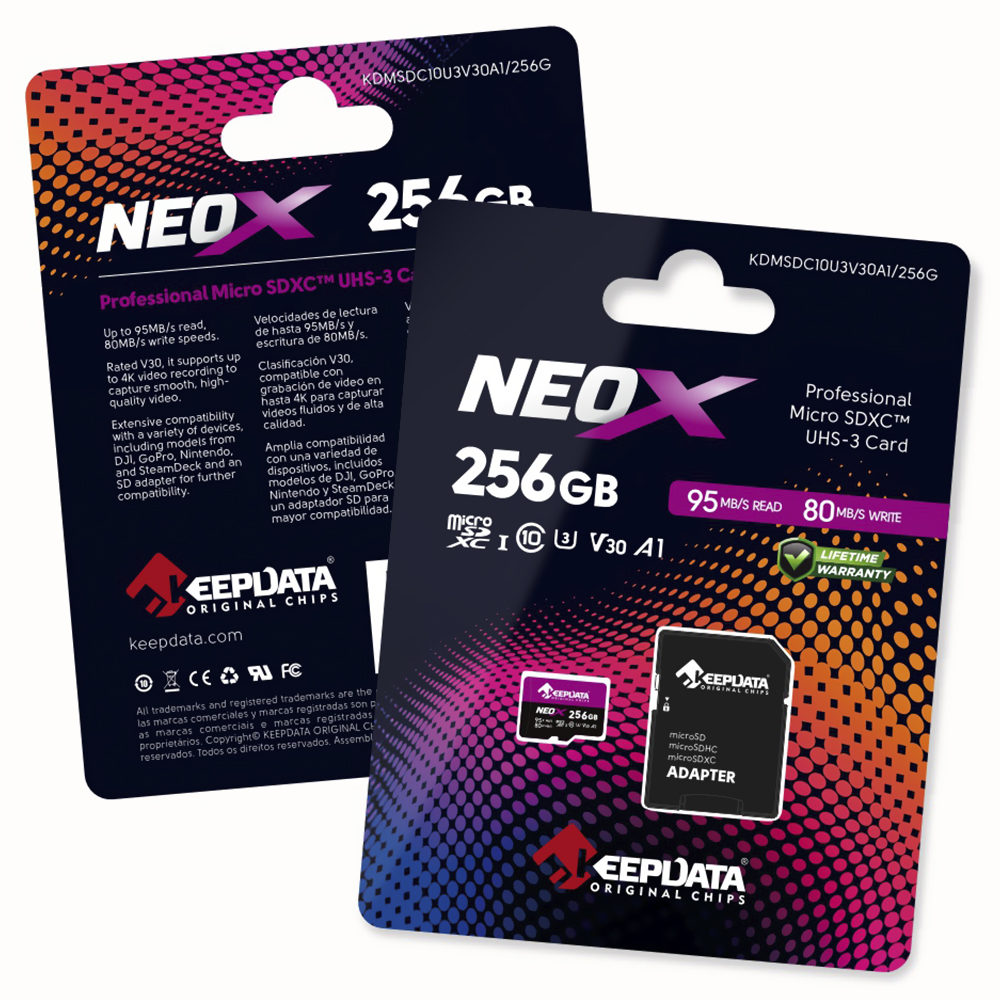 Cartão de Memória Micro SD Keepdata Neox C10 XC I U3 V30 A1 256GB - KDMSDC10U3V30A1/256G